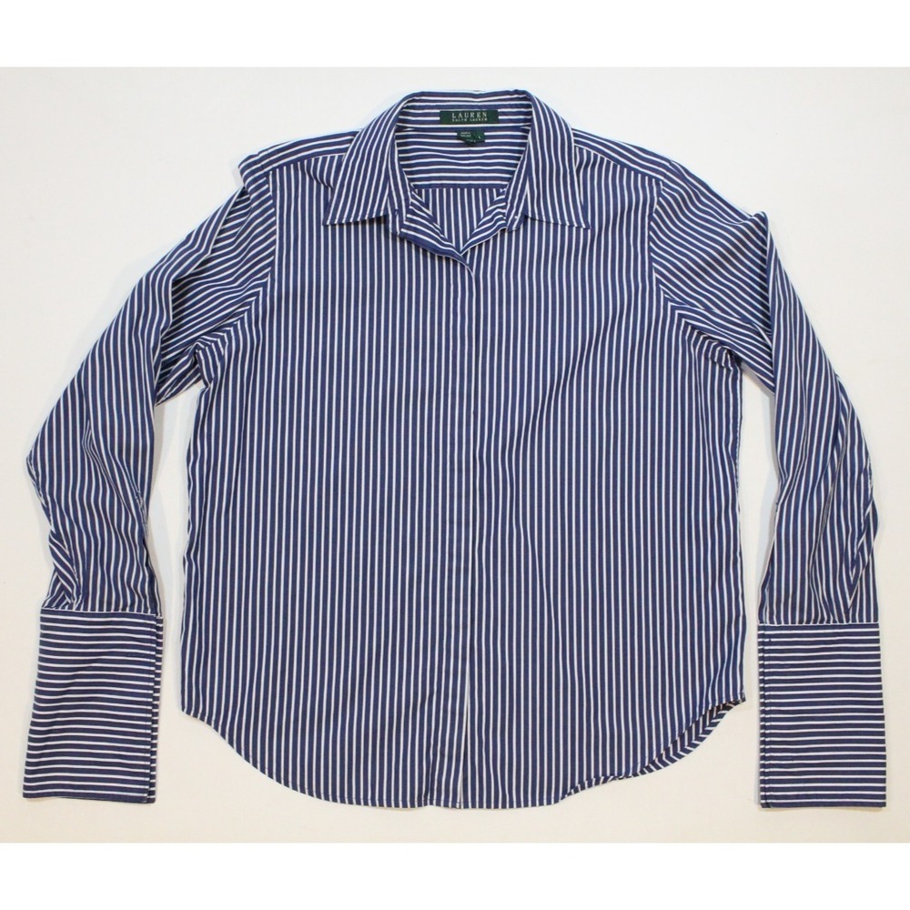 Lauren by Ralph Lauren Men's Shirt L Blue White Stripe Cotton‎ French Cuff